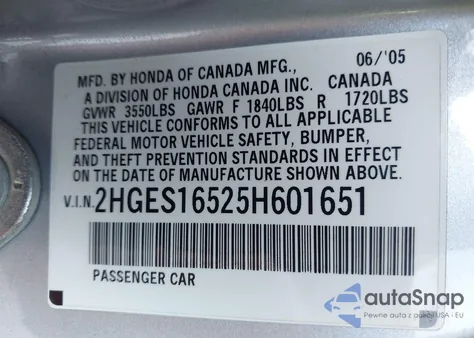 2005 Honda Civic Lx from USA, damaged, VIN 2HGES16525H601651
